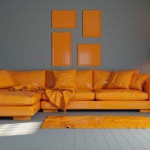 a living room with a couch and a lamp