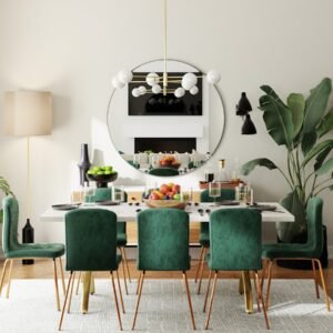 green and white wooden dining table and chairs